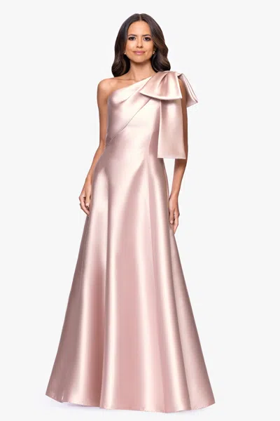 Betsy & Adam "rachel" Satin One Shoulder Bow A-line Floor Length Dress In Pink