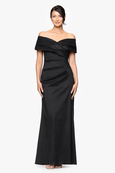Betsy & Adam "raquel" Taffeta Off The Shoulder Floor Length Dress In Black