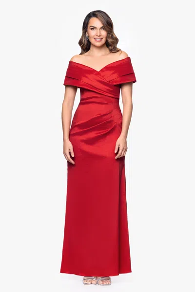 Betsy & Adam "raquel" Taffeta Off The Shoulder Floor Length Dress In Red