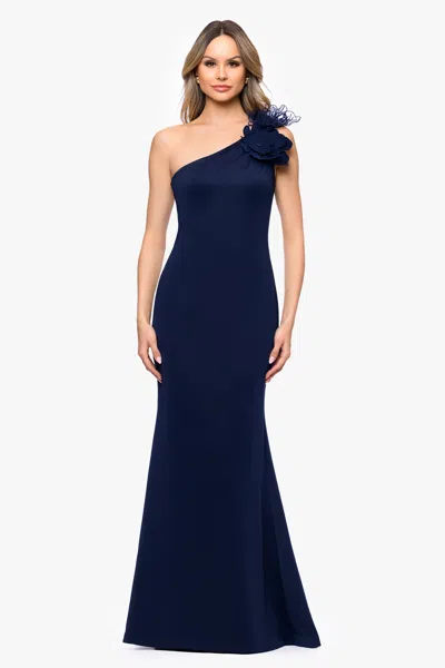 Betsy & Adam "raven" Techno Scuba One Shoulder Flower Floor Length Dress In Blue
