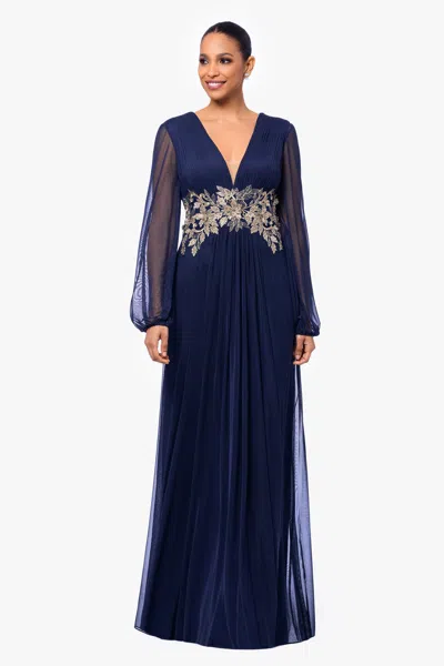 Betsy & Adam "rebecca" Long Sleeve Mesh Floor Length Gown In Blue