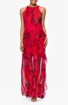 Betsy & Adam Red Rose & Metallic Stripe Sleeveless Gown