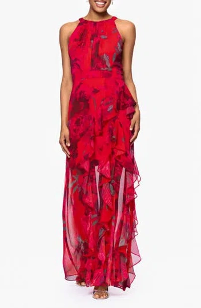 Betsy & Adam Red Rose & Metallic Stripe Sleeveless Gown In Multi