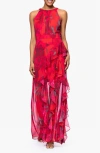 Betsy & Adam Red Rose & Metallic Stripe Sleeveless Gown In Red/multi