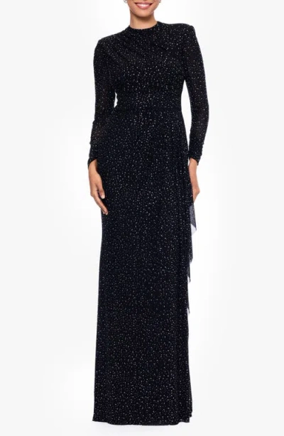 Betsy & Adam Rhinestone Long Sleeve Stretch Gown In Blue