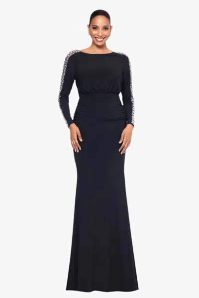 Betsy & Adam "ria" Jersey Knit Beaded Long Sleeve Floor Length Dress In Black