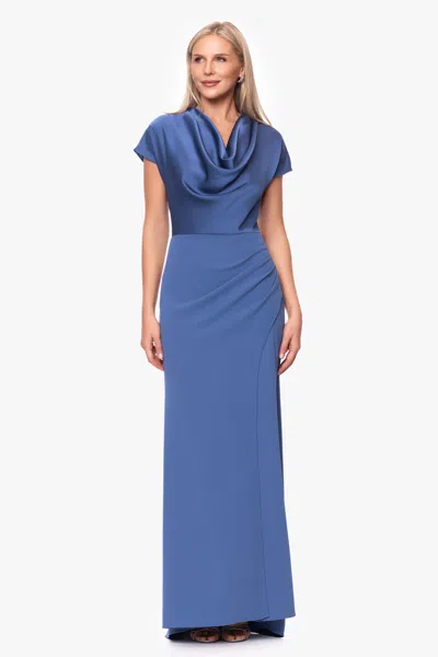 Betsy & Adam "rinna" Scuba Crepe And Satin Cowl Neck Floor Length Dress In Blue