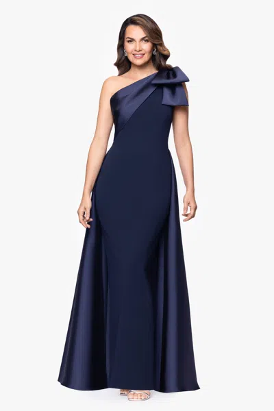 Betsy & Adam "rosalie" Scuba Crepe One Shoulder Bow Embellished Floor Length Gown In Blue
