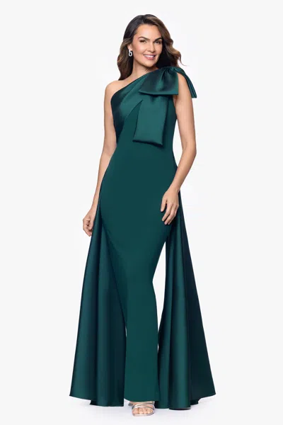 Betsy & Adam "rosalie" Scuba Crepe One Shoulder Bow Embellished Floor Length Gown In Green