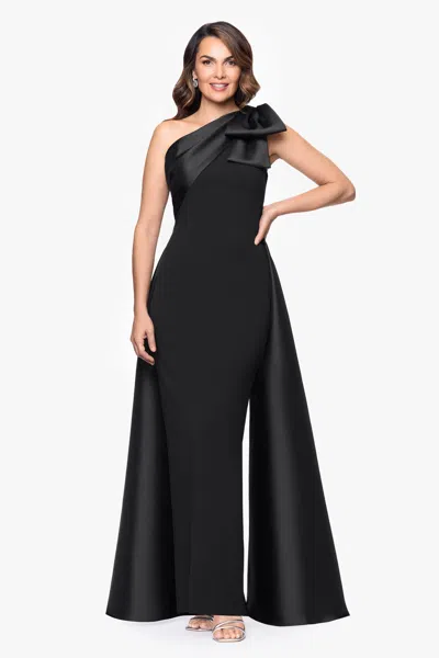 Betsy & Adam "rosalie" Scuba Crepe One Shoulder Bow Embellished Floor Length Gown In Green