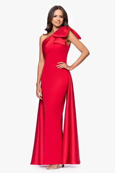 Betsy & Adam "rosalie" Scuba Crepe One Shoulder Bow Embellished Floor Length Gown In Red