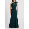Betsy & Adam Rosette One-shoulder Crepe Trumpet Gown In Green
