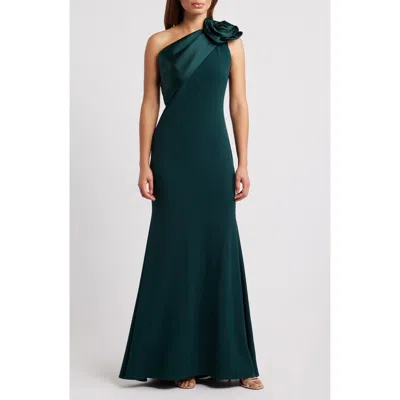 Betsy & Adam Rosette One-shoulder Crepe Trumpet Gown In Green