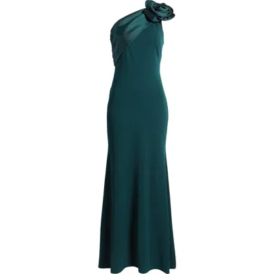 Betsy & Adam Rosette One-shoulder Crepe Trumpet Gown In Pine