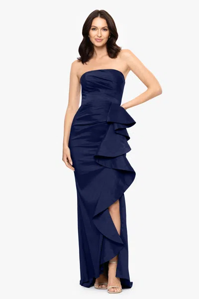 Betsy & Adam "rowan" Taffeta Strapless Ruffle Floor Length Dress In Blue