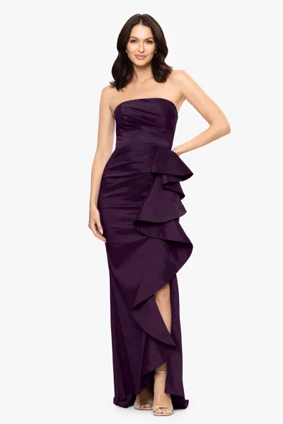 Betsy & Adam "rowan" Taffeta Strapless Ruffle Floor Length Dress In Purple