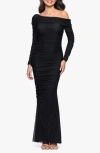 Betsy & Adam Ruched One-shoulder Long Sleeve Mesh Gown In Black