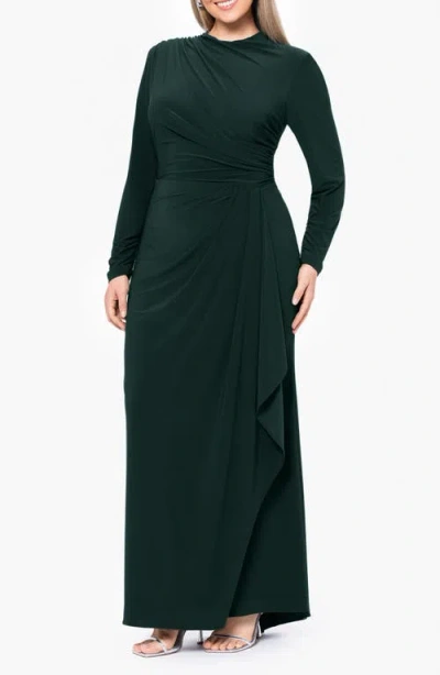 Betsy & Adam Ruched Side Drape Long Sleeve Gown In Forest