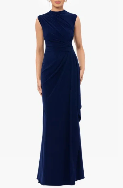 Betsy & Adam Ruched Sleeveless Gown In Blue