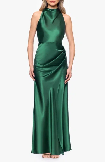 Betsy & Adam Ruched Sleeveless Satin Charmeuse Gown In Green