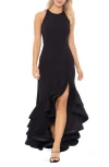 Betsy & Adam Tiered Ruffles Scuba Crepe Gown In Black