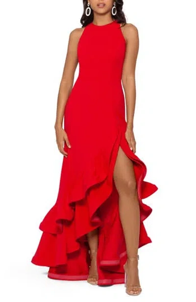 Betsy & Adam Ruffle Halter Crepe Gown In Red
