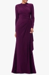 Betsy & Adam Ruffle Long Sleeve Sheath Gown In Wine