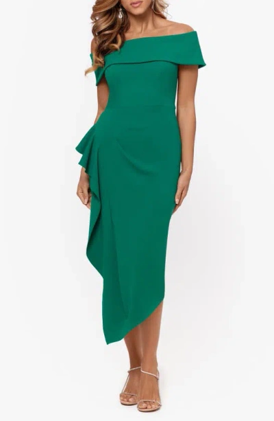 BETSY & ADAM RUFFLE OFF THE SHOULDER COCKTAIL MIDI DRESS