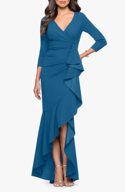 Betsy & Adam Ruffle Scuba Crepe Faux Wrap High-low Mermaid Gown In Blue