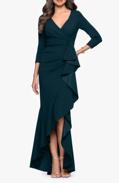 Betsy & Adam Ruffle Scuba Crepe Faux Wrap High-low Mermaid Gown In Green