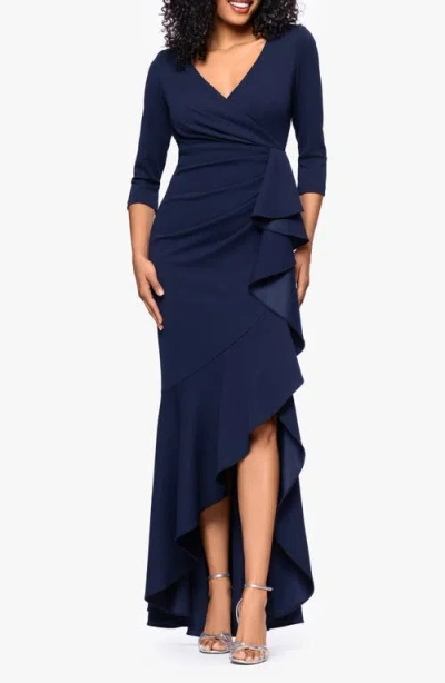 Betsy & Adam Ruffle Scuba Crepe Faux Wrap High-low Mermaid Gown In Blue