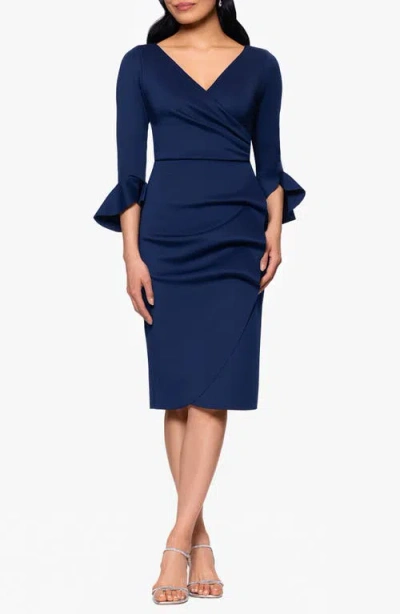 Betsy & Adam Ruffle Sleeve Scuba Crepe Cocktail Sheath Dress In Blue
