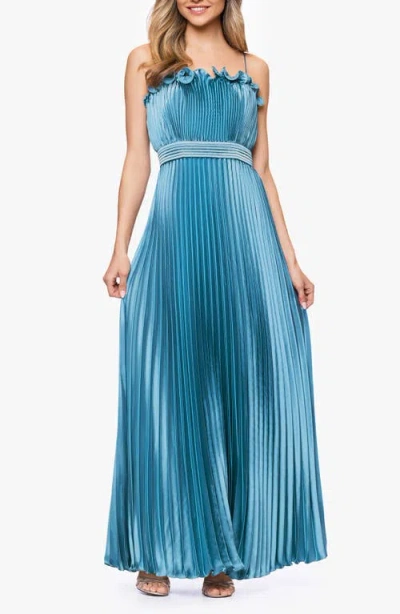 Betsy & Adam Ruffle Trim Pleated Gown In Blue
