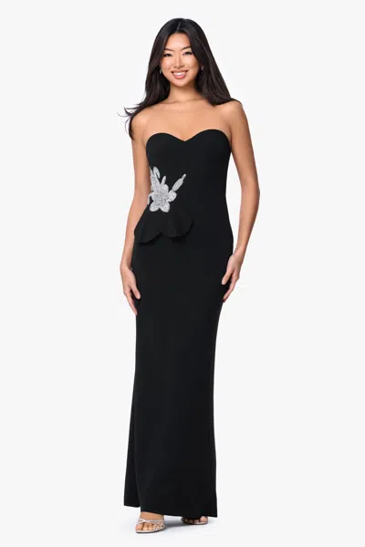 Betsy & Adam "salma" Scuba Crepe Strapless Applique Floor Length Dress In Black