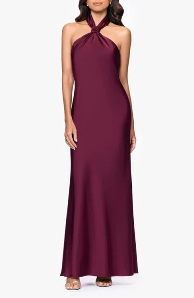 Betsy & Adam Satin Halter Dress In Burgundy