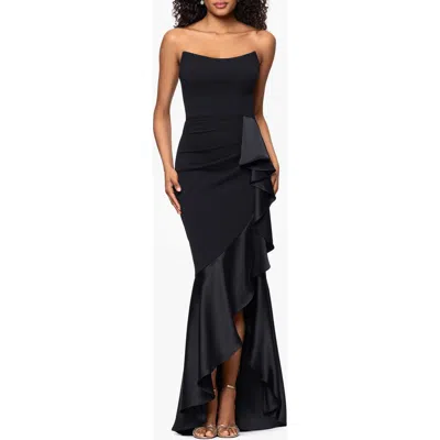Betsy & Adam Satin Ruffle Detail Strapless Scuba Crepe Corset Gown In Black