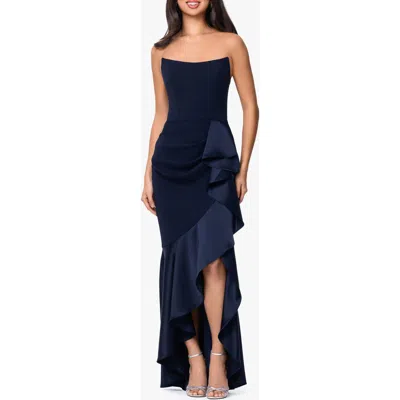 Betsy & Adam Satin Ruffle Detail Strapless Scuba Crepe Corset Gown In Blue