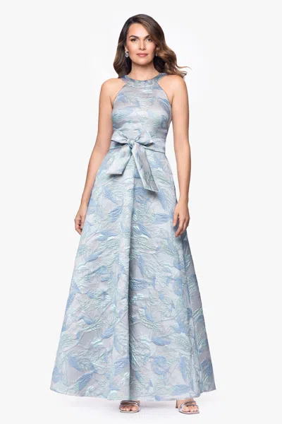 Betsy & Adam Bow Detail Leaf Brocade Ball Gown In Gray