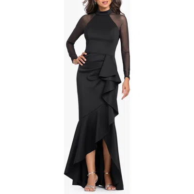 Betsy & Adam Scuba & Mesh Long Sleeve High-low Gown In Black