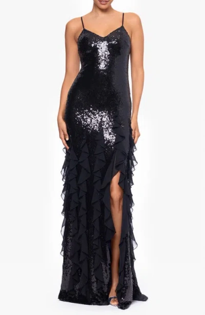 Betsy & Adam Sequin & Ruffle Gown In Black