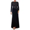 Betsy & Adam Sequin & Velvet Long Sleeve Gown In Black