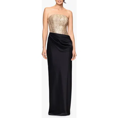 Betsy & Adam Sequin Bodice Strapless Gown In Animal Print