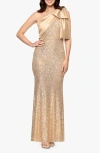 Betsy & Adam Sequin Bow One-shoulder Column Gown In Gold