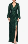 Betsy & Adam Sequin Collar Long Sleeve Gown In Green