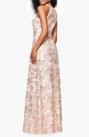 Betsy & Adam Sequin Floral Sleeveless Gown In Champagne