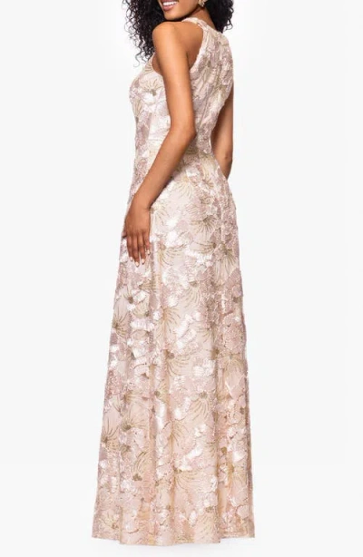 Betsy & Adam Sequin Floral Sleeveless Gown In Champagne