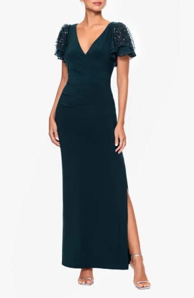 Betsy & Adam Sequin Flutter Sleeve Gown In Pine