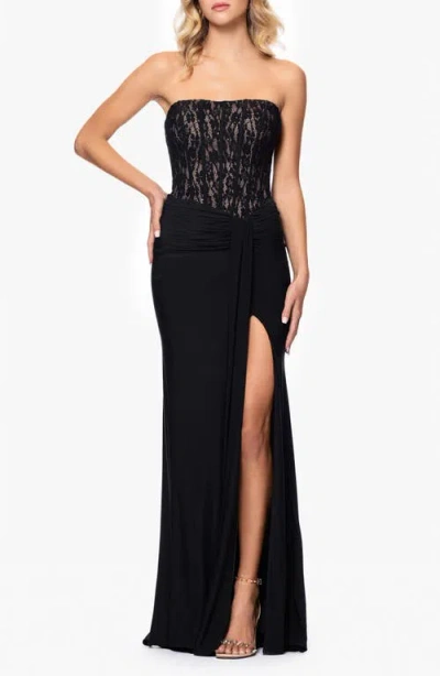 Betsy & Adam Sequin Lace Bodice Strapless Gown