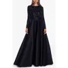 Betsy & Adam Sequin Long Sleeve Ballgown In Blue