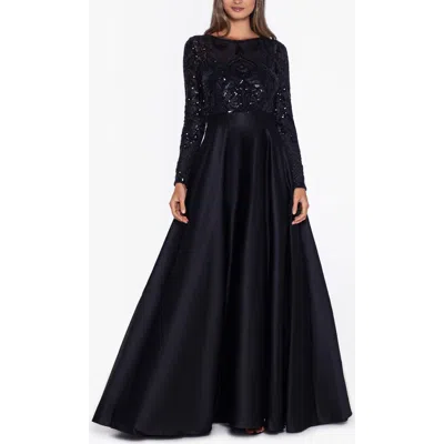 Betsy & Adam Petite Sequin-bodice Long-sleeve Ball Gown In Black